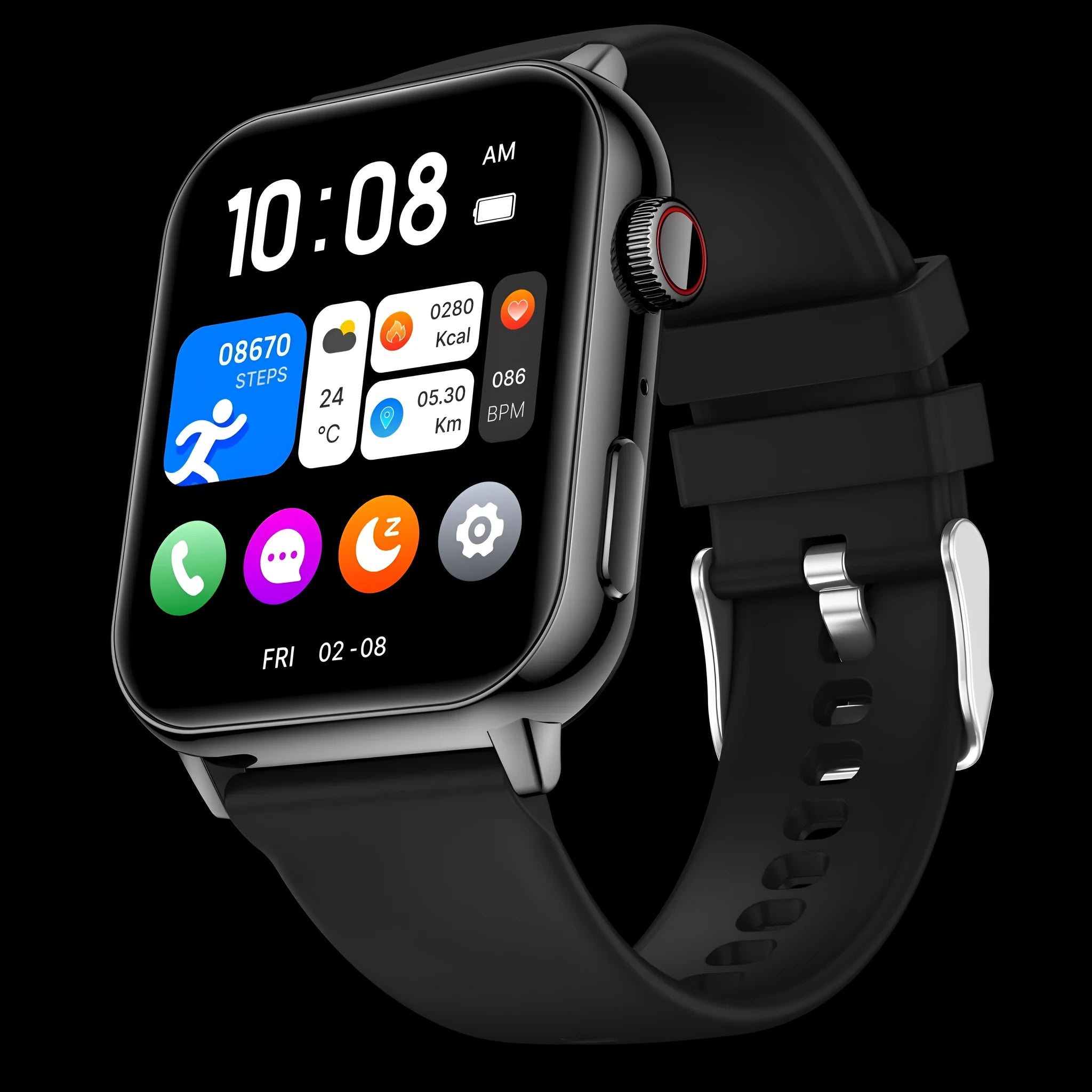 Smart Bluetooth call sports bracelet with TFT screen in black, showing health monitoring and touch operation