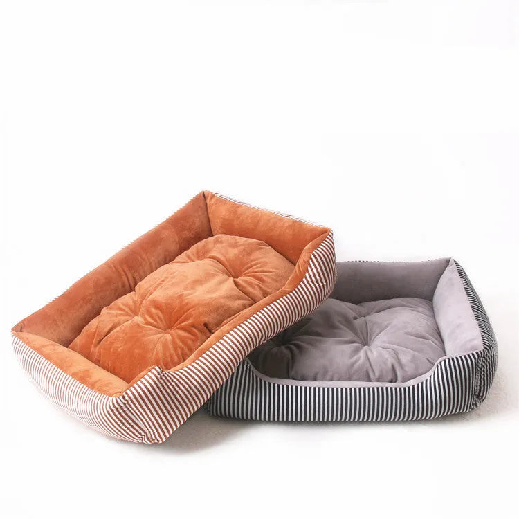 Round cloth pet bed for dogs and cats in a stripe pattern, showing size options from 45cm to 90cm.