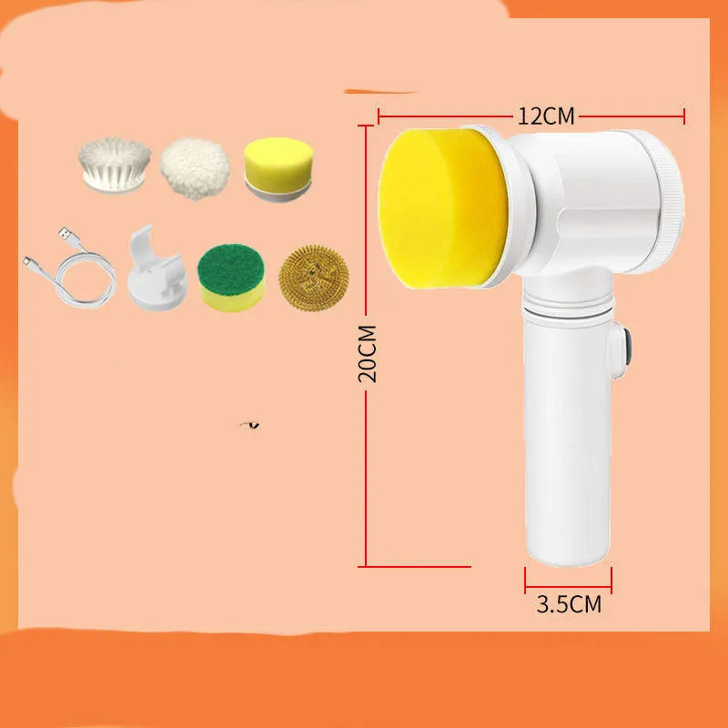 Rechargeable electric dishwashing brush with multiple replaceable brush heads and storage hook