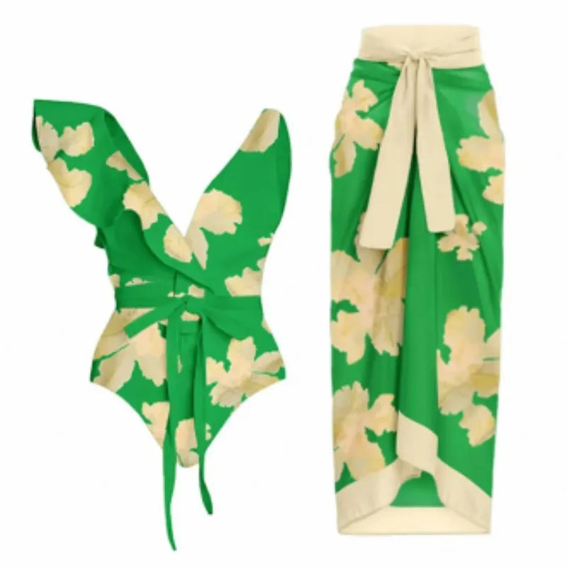 Women's retro three-piece polyester swimsuit set in a conservative, belly-covering design.