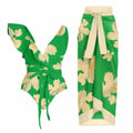 Women's retro three-piece polyester swimsuit set in a conservative, belly-covering design.