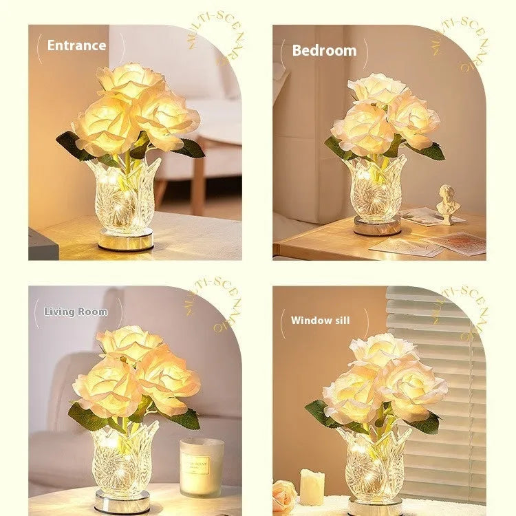 Crystal flowers decorative table lamp with touch controls and rechargeable battery for cordless placement