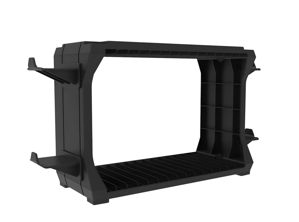 Black ABS plastic disc holder stand for PS5 and Xbox Series X game cartridges with four controller storage bays.