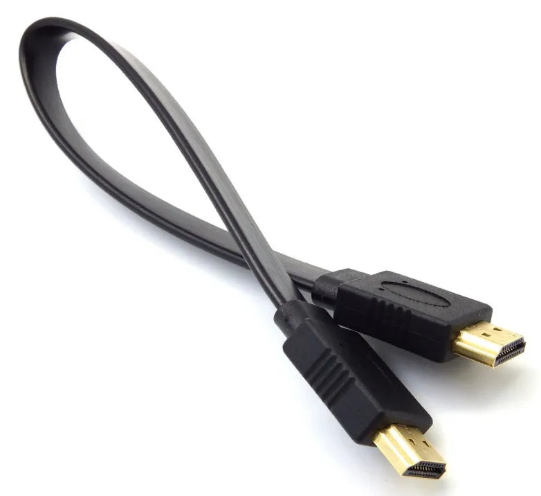 Flat black HDMI cable with male connectors, shown in multiple available lengths for AV connections.