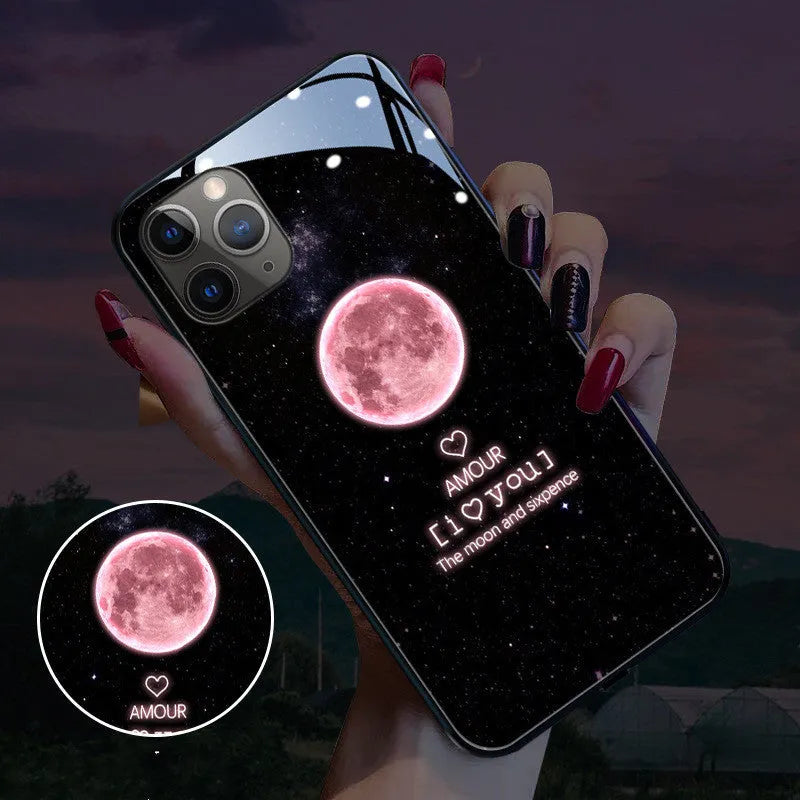 Voice-activated iPhone case with LED flash light and tempered glass back in cool lightning design.
