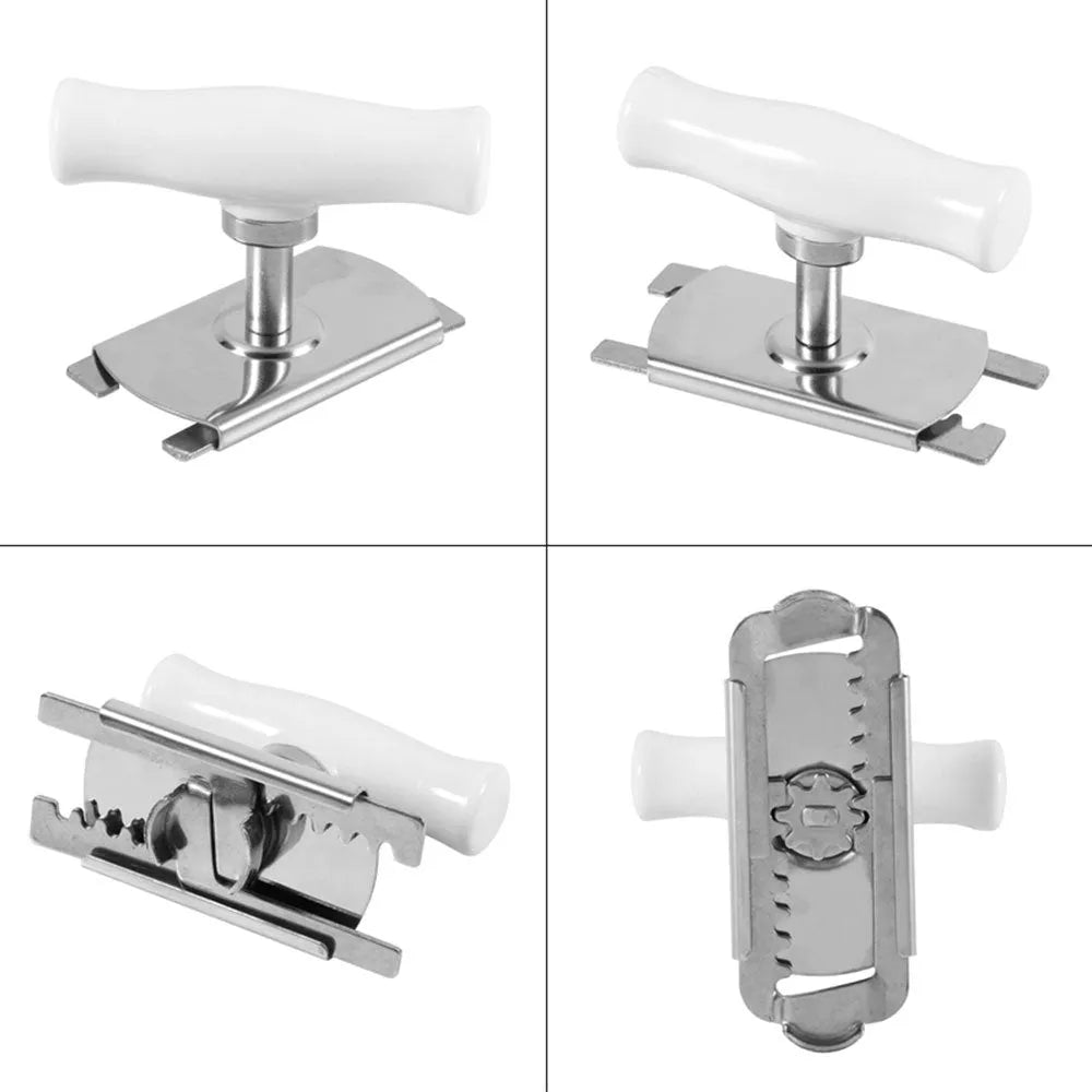 White adjustable stainless steel bottle opener with gear design and PP handle on a wooden surface.