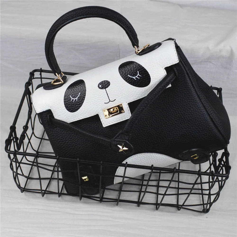 A square cow leather handbag with a sweet panda animal print, shown in two size options.