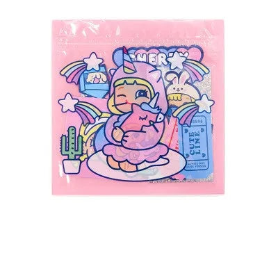 Box containing 16 cute square cartoon stickers in Korean comics style for DIY decoration.