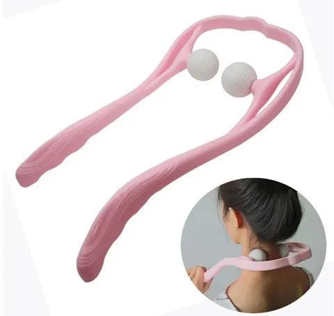 Blue plastic handheld neck massager with adjustable bracket and 3D floating-point massage head.