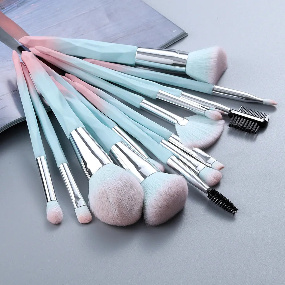 15-piece diamond handle makeup brush set with man-made fibre bristles, portable 13cm length, blue and brown handles