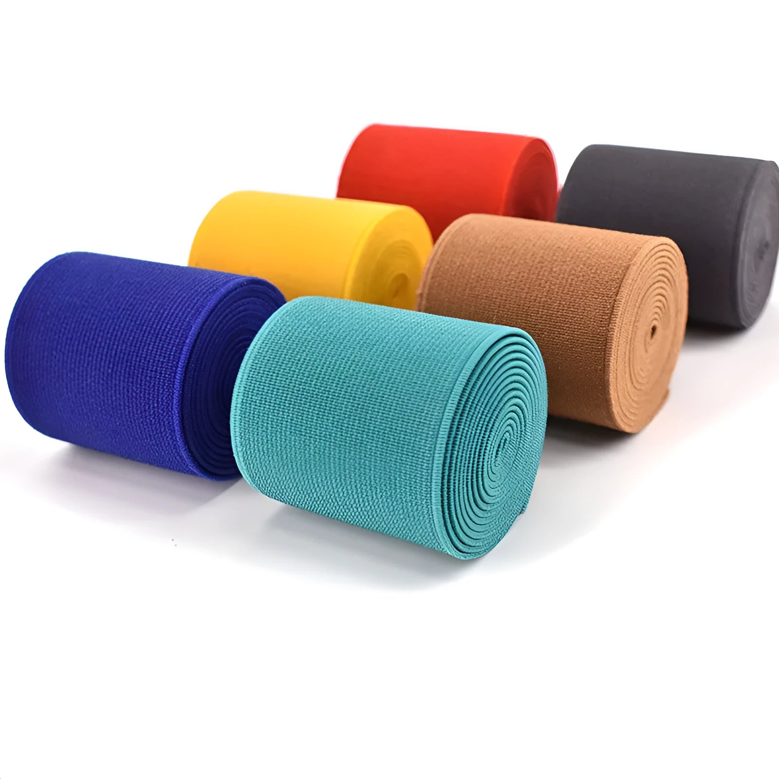 5cm wide colourful elastic band showing ten colour options including black, brown, dark red and blue variants