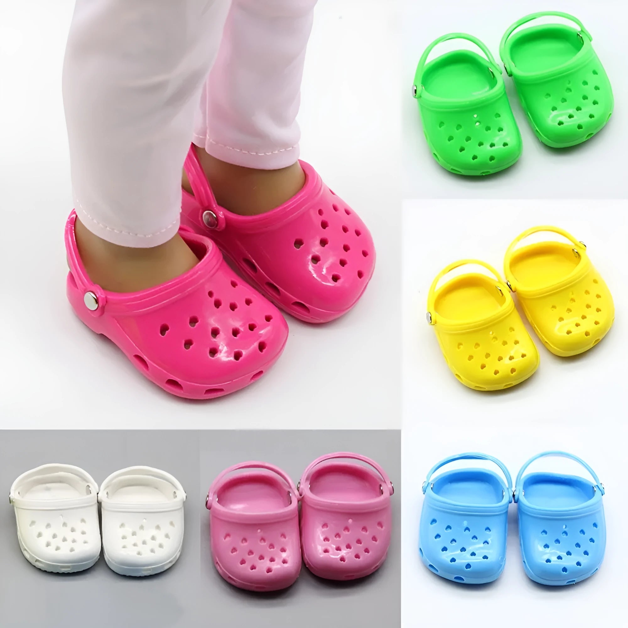 Set of small plastic doll beach slippers in blue, red, yellow, and green colours.