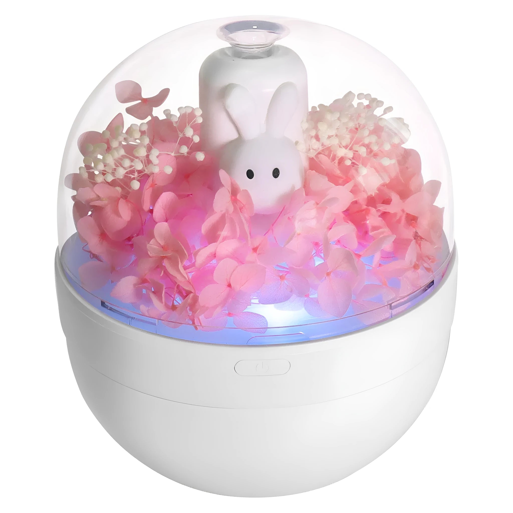 Pink rabbit-shaped aromatherapy humidifier with preserved flowers on top, USB powered for bedroom use.