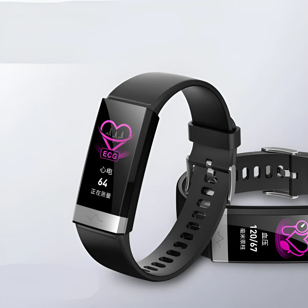 V19 smart bracelet showing display with health metrics, available in black blue red colours with TPU strap