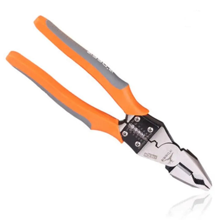 Orange multi-function wire cutter pliers with alloy steel head and textured PVC handle