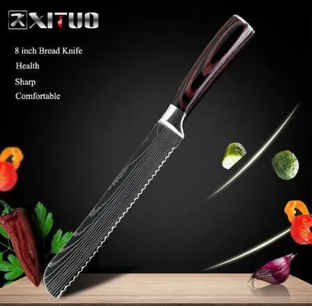 7Cr17 stainless steel kitchen knife with coloured wood handle and Damascus pattern blade on a black gift box.