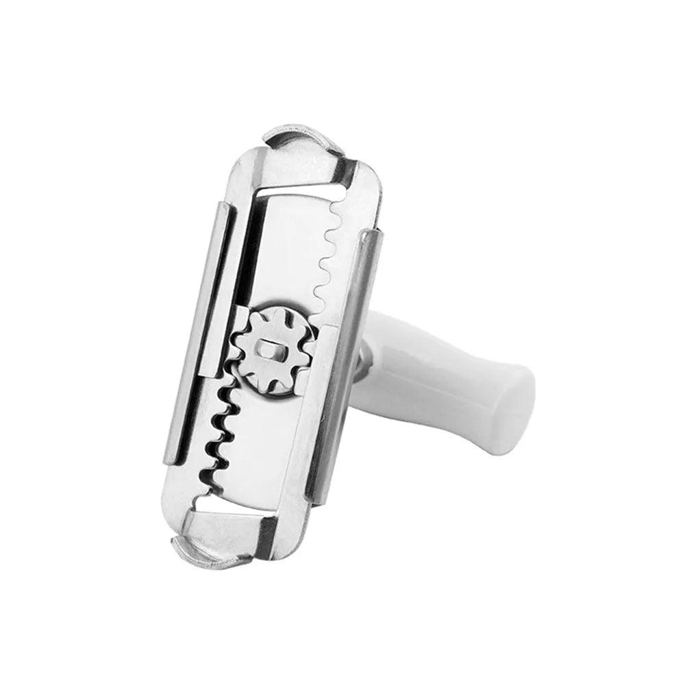 White adjustable stainless steel bottle opener with gear design and PP handle on a wooden surface.