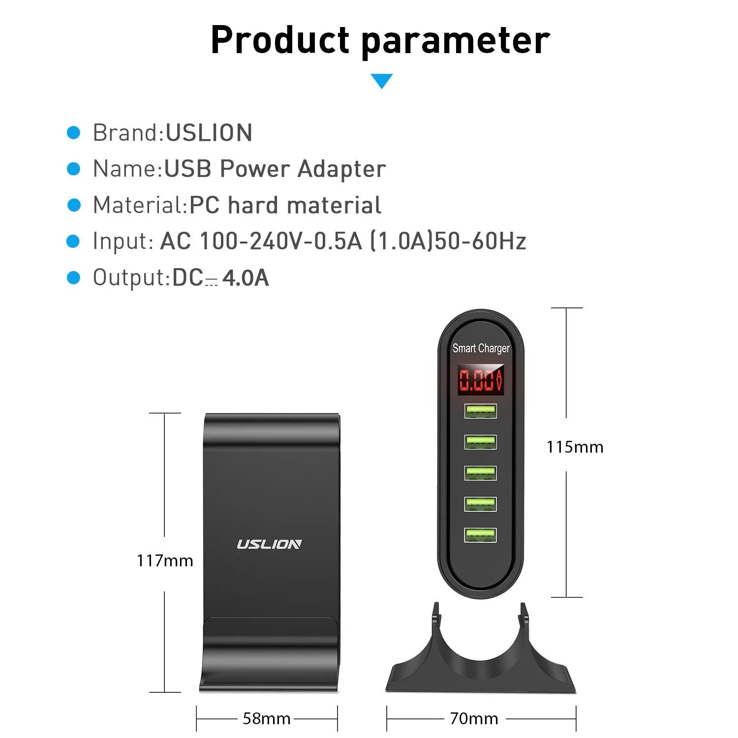 Smart LED digital display USB charger showing black and white options with EU UK US plugs