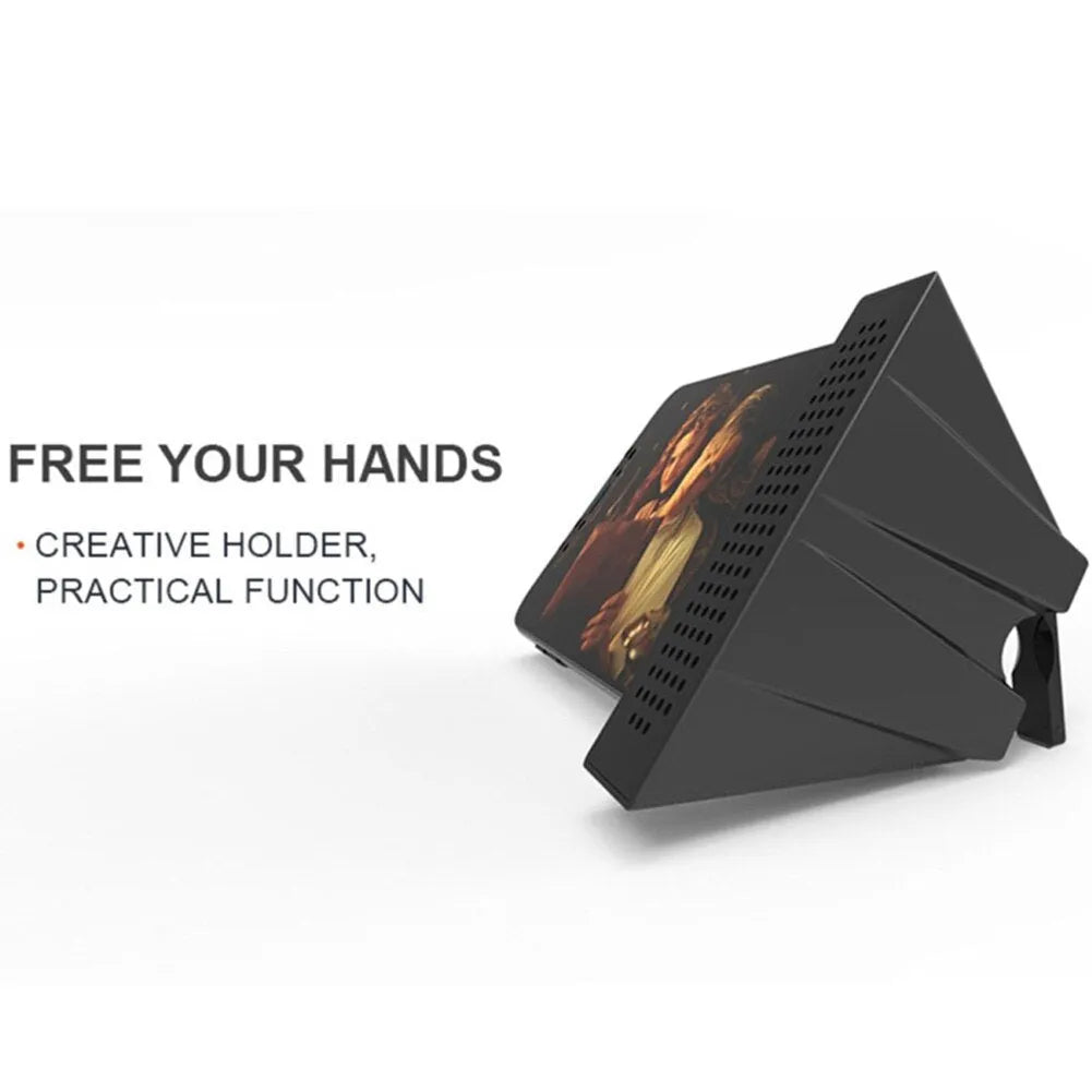 Portable black ABS mobile phone amplifier bracket holding an iPhone on a desk