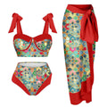 Women's printing split swimsuit three-piece set in polyester fabric showing skirt, bra, and panties components