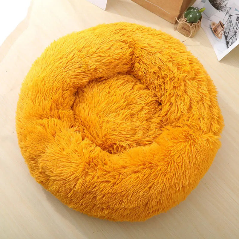 Soft thick plush round pet bed in donut shape with raised rim, available in khaki and other colours, sizes 40cm to 120cm