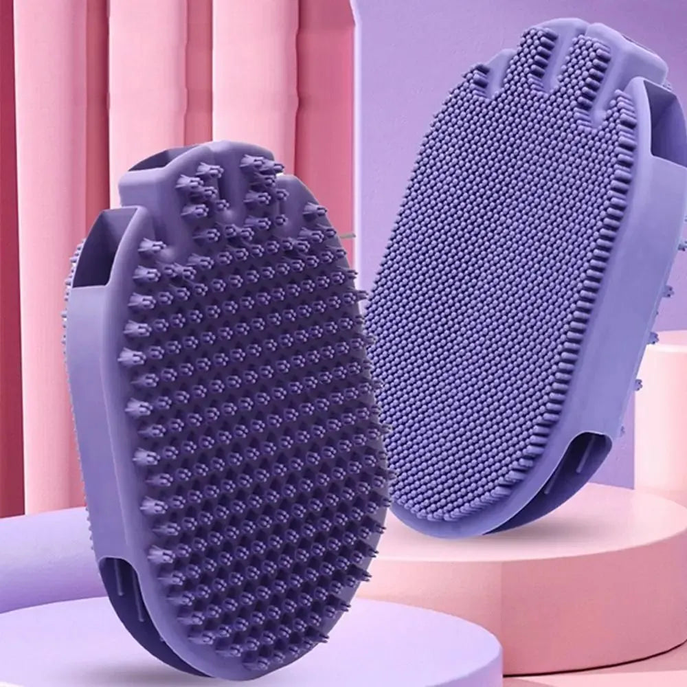 Purple dual-sided pet shampoo brush with soft TPR bristles for dog and cat bathing