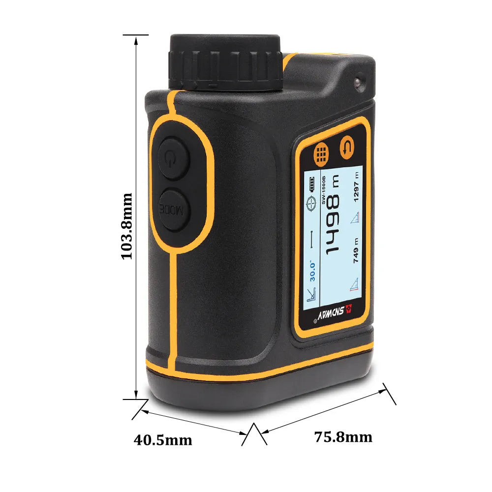 Outdoor handheld golf rangefinder showing compact black design with display screen and measurement buttons