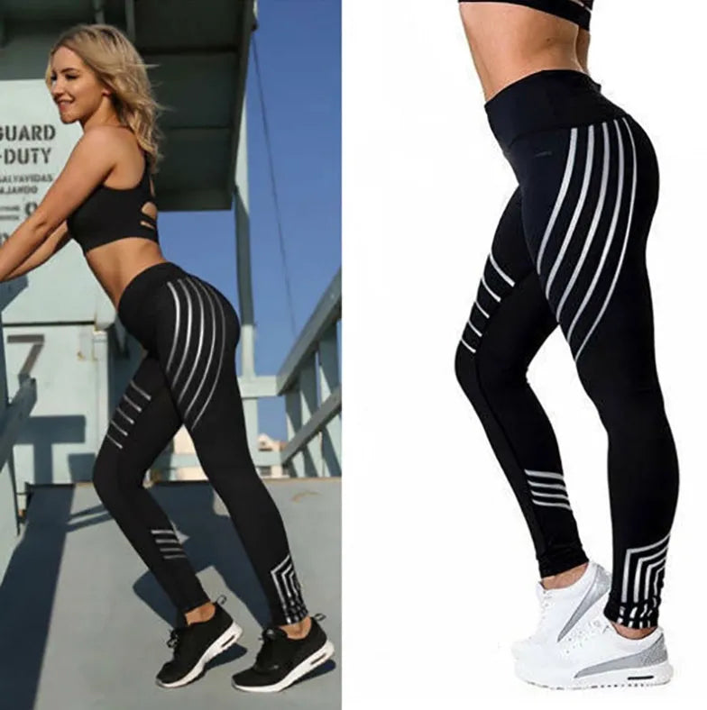 Women's black and white glowing print leggings made from milk silk blend fabric for workouts