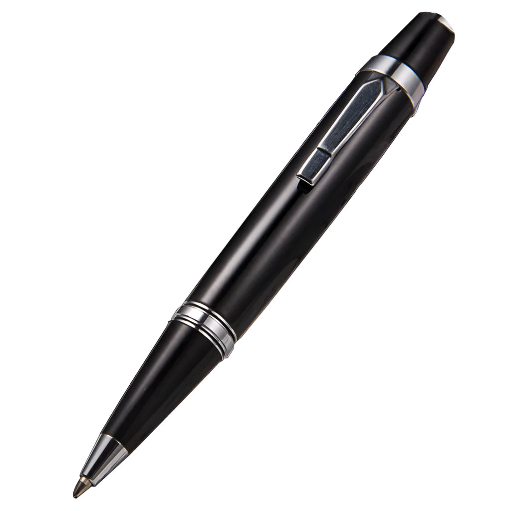 Short mini metal ballpoint pen with rotating mechanism, silver shell, and black ink, 112mm length