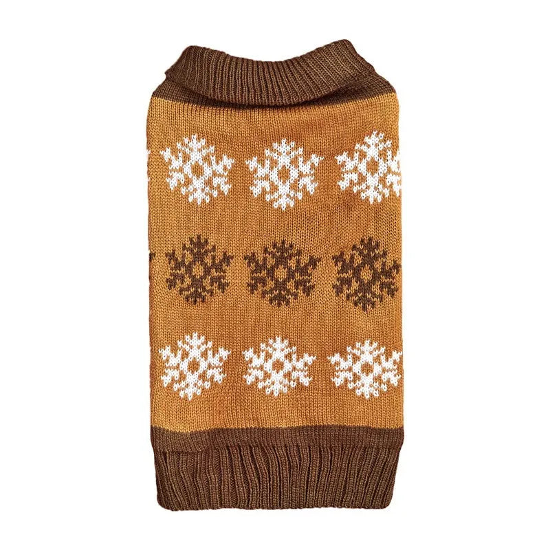 Brown and grey dog sweater with snowflake pattern for Christmas and winter wear.
