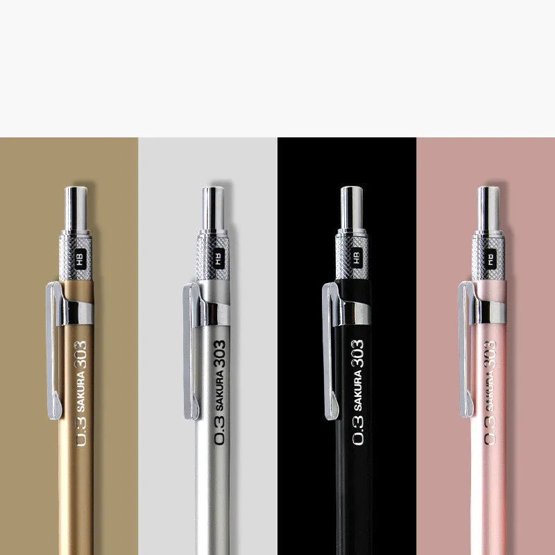 Japanese metal mechanical pencil in gold silver black pink colours showing 0.3mm 0.5mm lead options