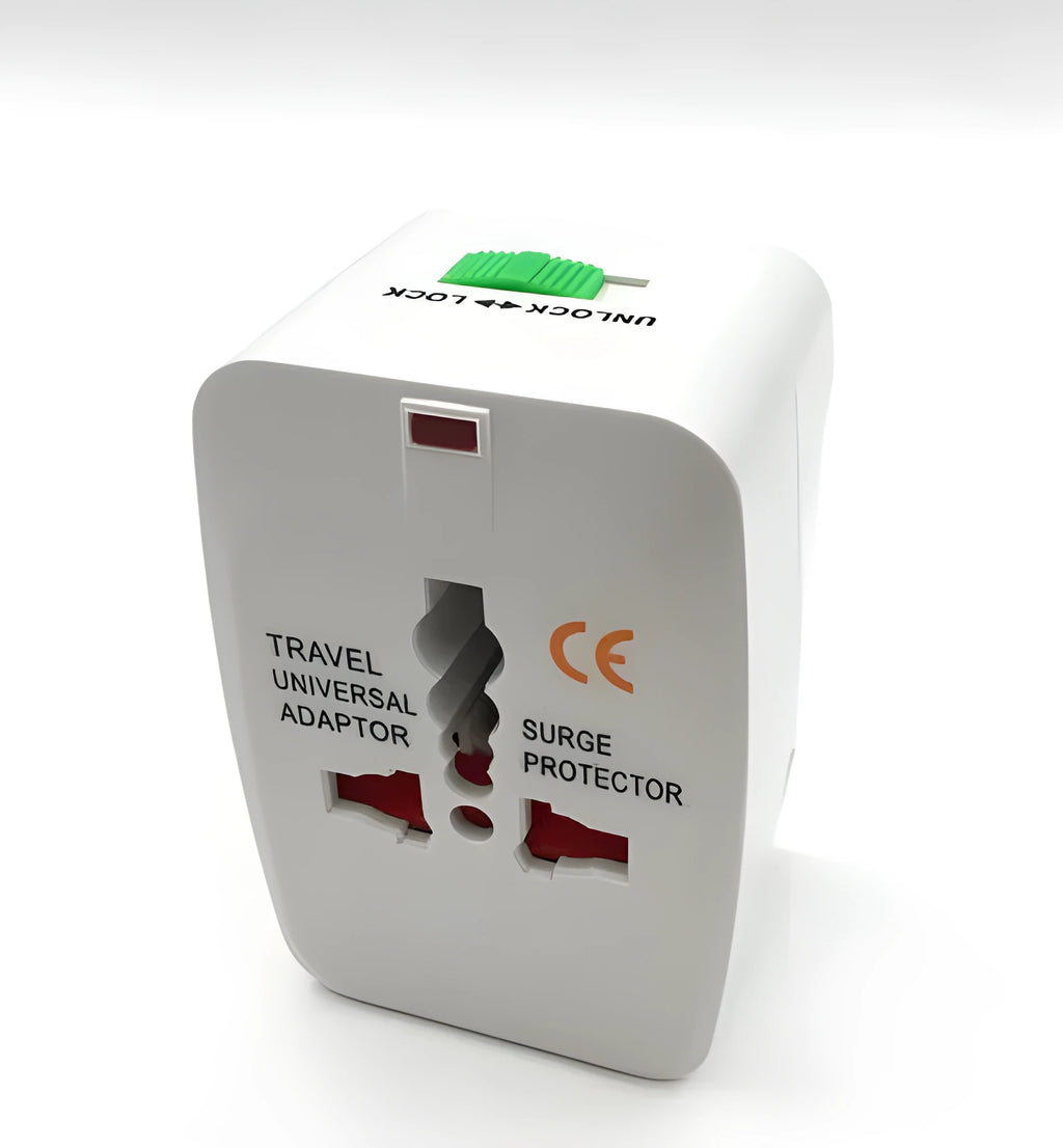 White universal travel plug socket converter for multi-country charging on a blue background.