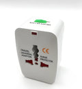 White universal travel plug socket converter for multi-country charging on a blue background.
