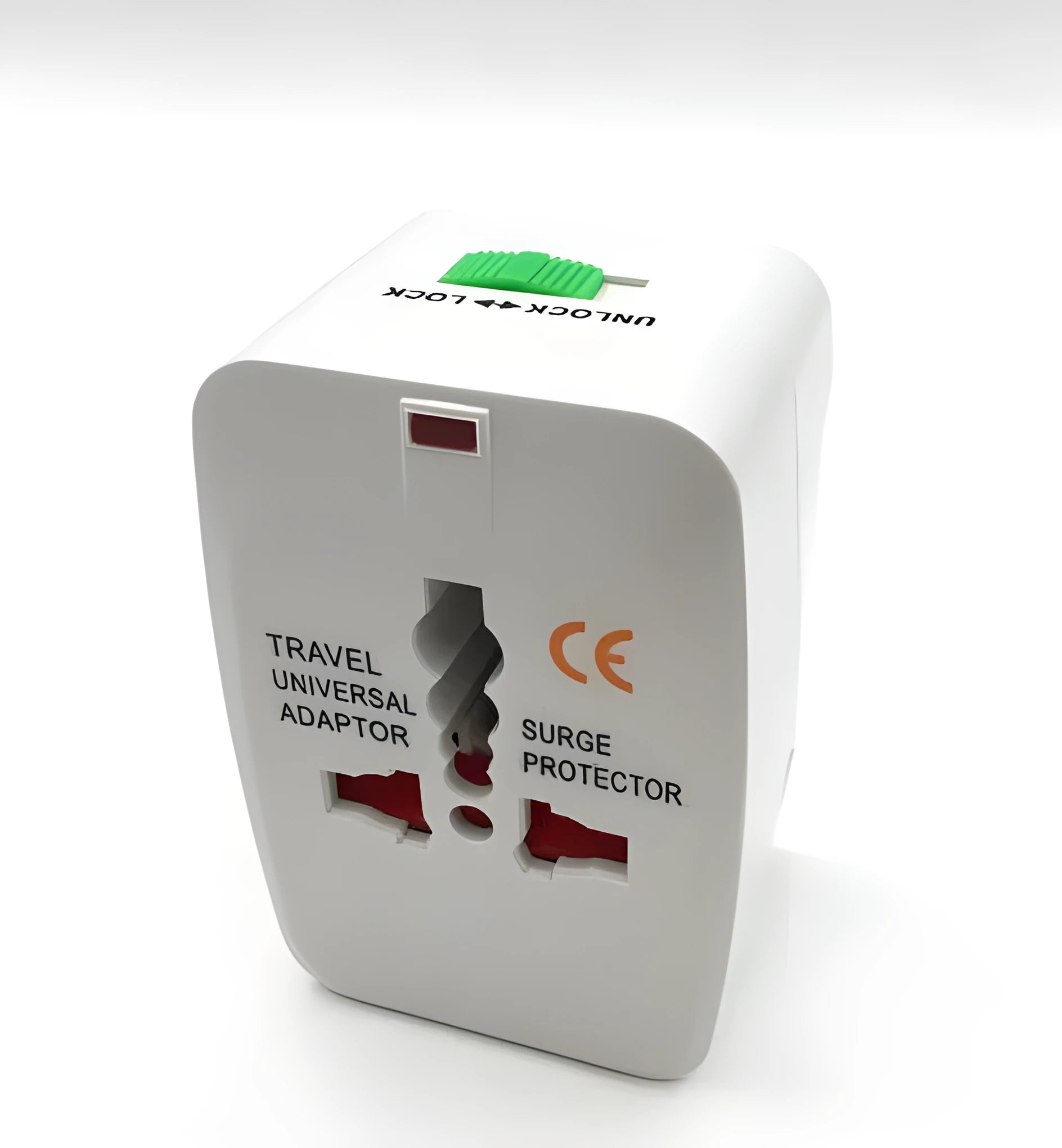 White universal travel plug socket converter for multi-country charging on a blue background.