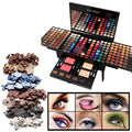 Piano-shaped makeup palette open to show 180 eyeshadows, 2 blushes, and 8 contour powders