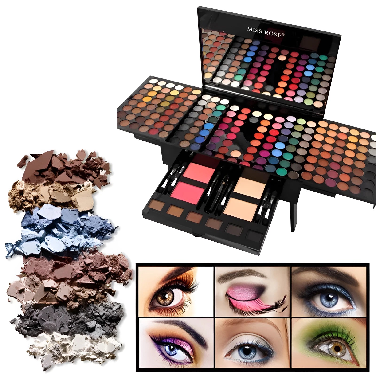 Piano-shaped makeup palette open to show 180 eyeshadows, 2 blushes, and 8 contour powders
