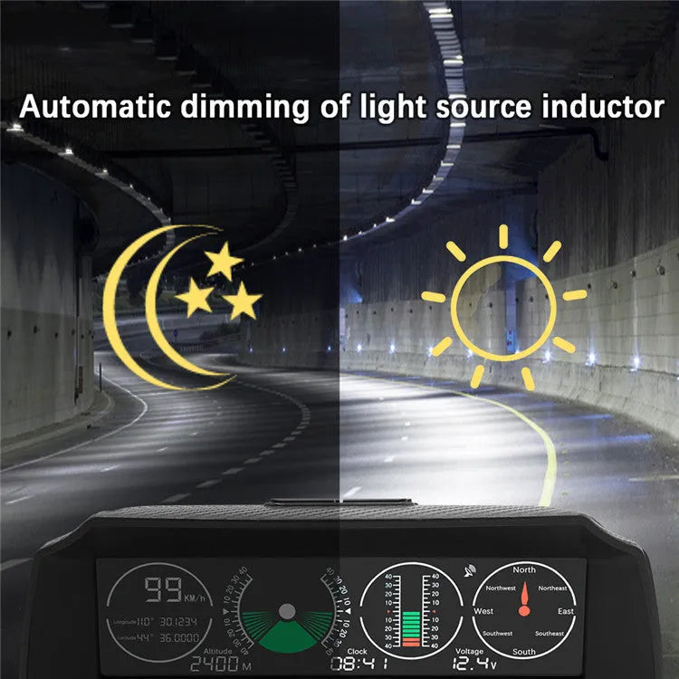 GPS GO 2 universal car head-up display with carbon fibre body on a dashboard showing speed and gradient data.