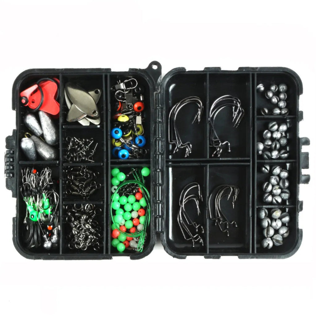 Black compact case with 188 piece stainless steel fishing accessories set, dimensions 4.7 x 3.9 x 1.2 inches