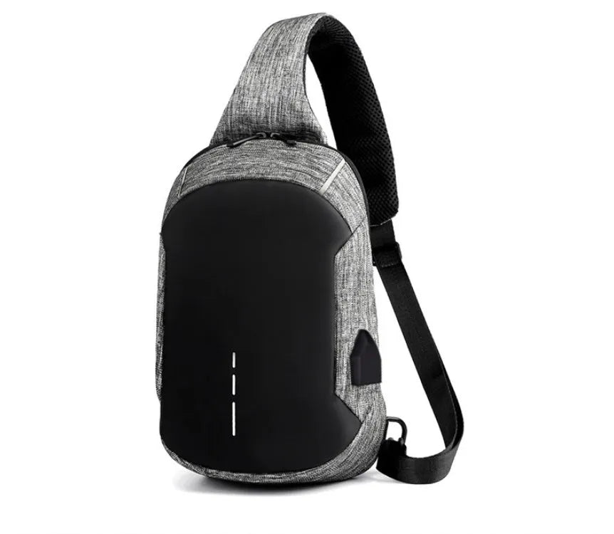 Dark blue waterproof oxford cloth chest bag with a zipper and single strap.