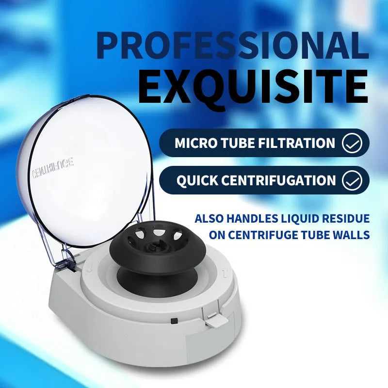 Mini laboratory centrifuge with compact benchtop design measuring 157mm × 170mm × 120mm