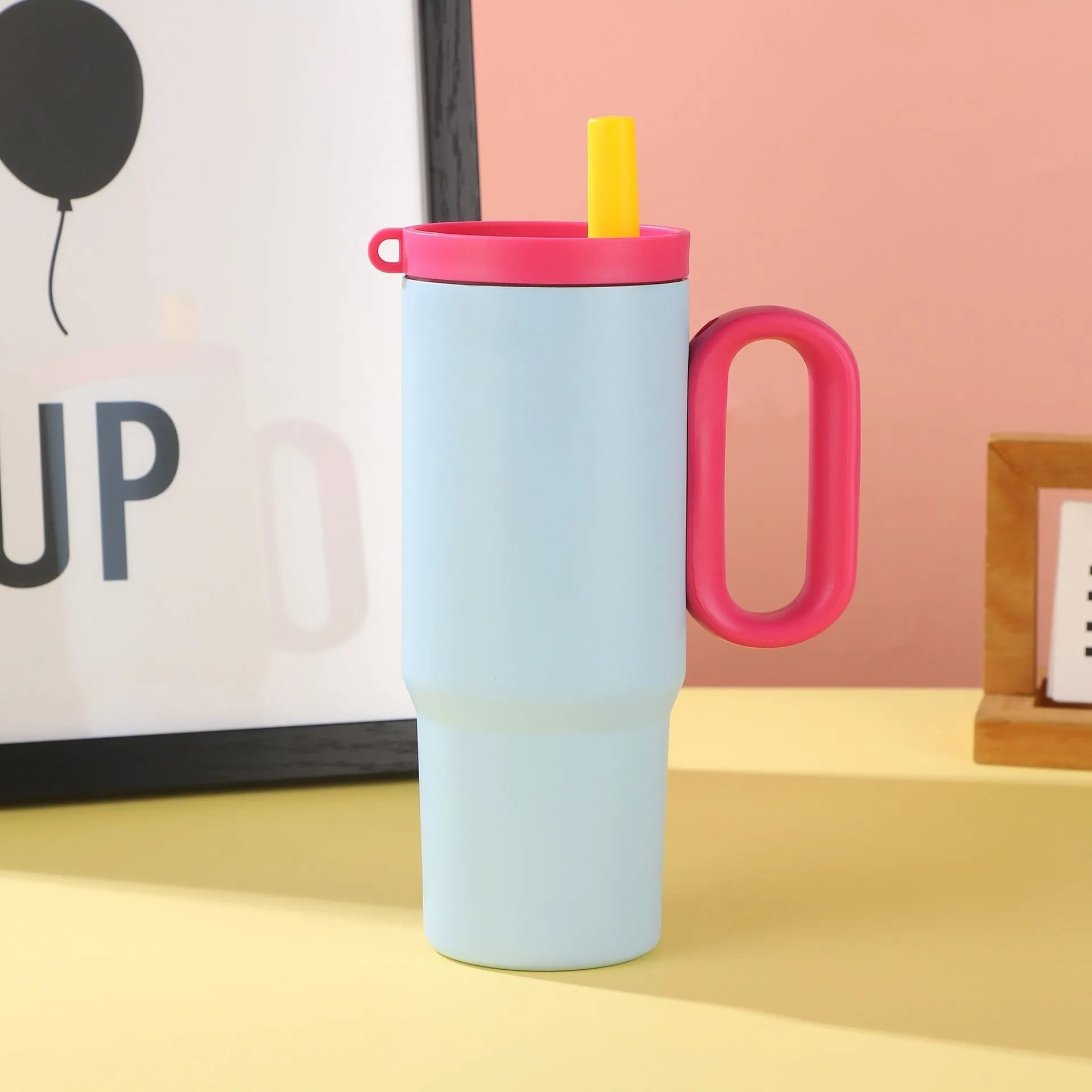 Large portable straw cup with handle in black, pink, sky blue, white, or yellow.