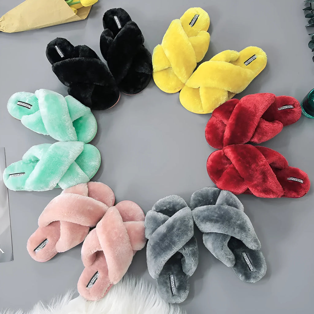 Cross open-toe fur slippers in multiple colours showing the personalised toe design and non-slip patterned sole.