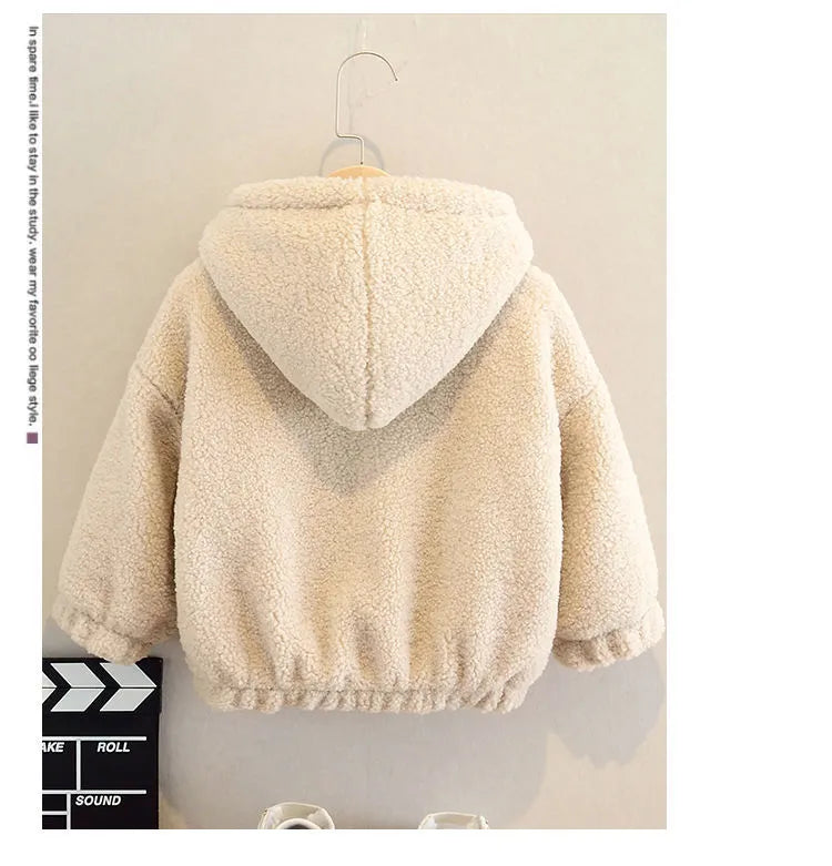 Children's beige fleece jacket with hood featuring cartoon print and long sleeves