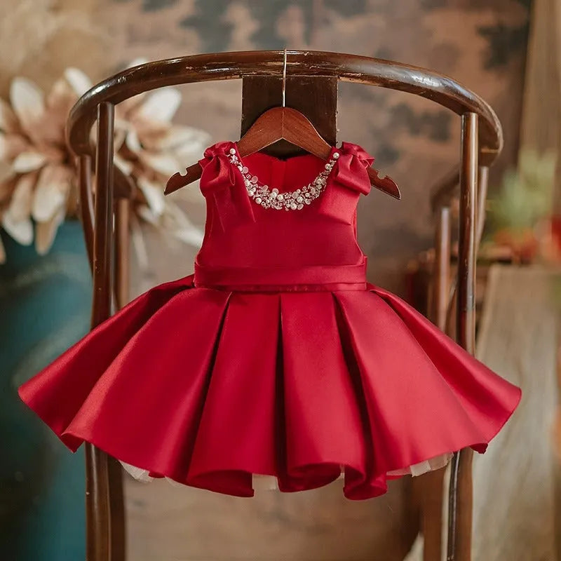 Red satin princess-style dress for girls, suitable for piano performances, polyester fiber, sizes 80-130cm