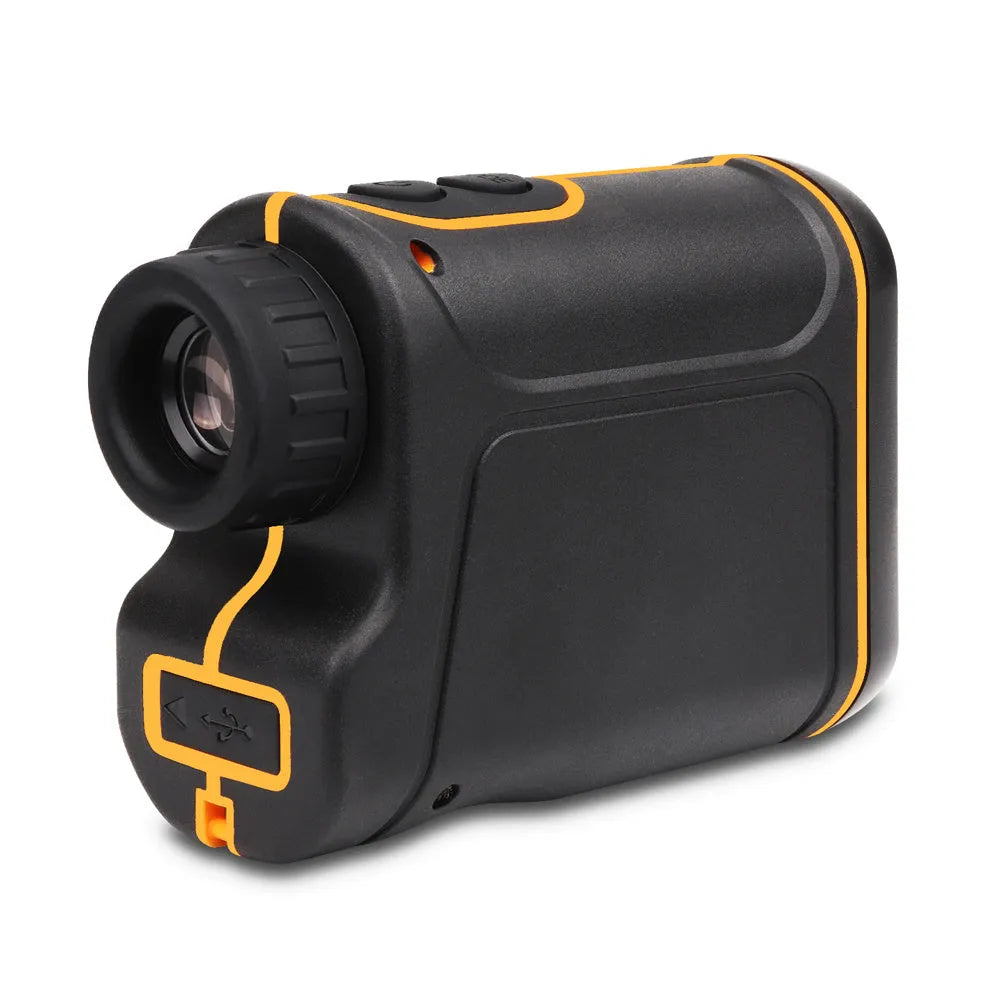 Outdoor handheld golf rangefinder showing compact black design with display screen and measurement buttons