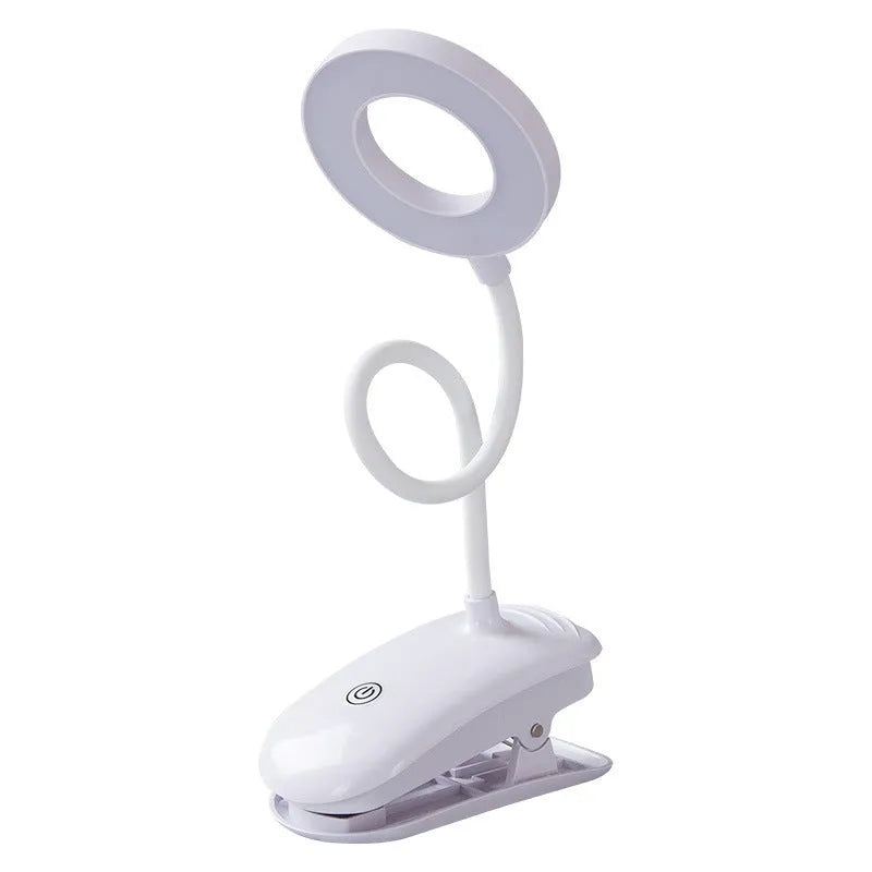 Clip-on rechargeable desk lamp with plastic shade and touch switch in a modern simple design