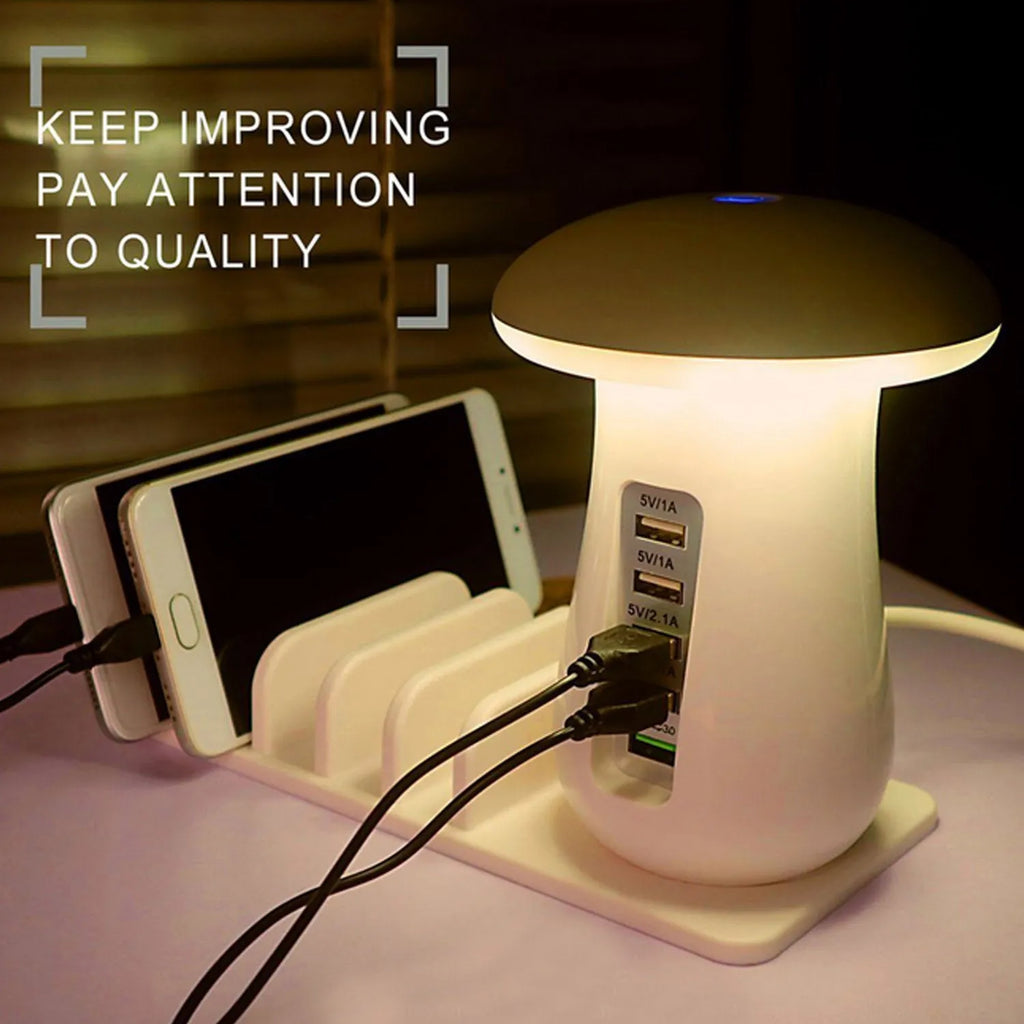 Mushroom-shaped USB charging station with 5 ports and soft LED lighting