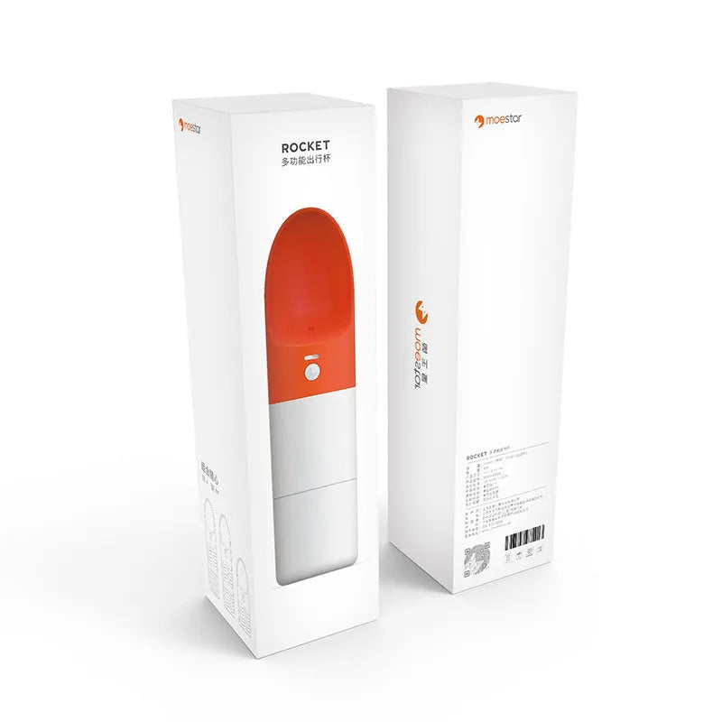 White Moestar Rocket Pet Cup with grey accents, showing the water outlet and one-button lock on a portable dog water bottle.