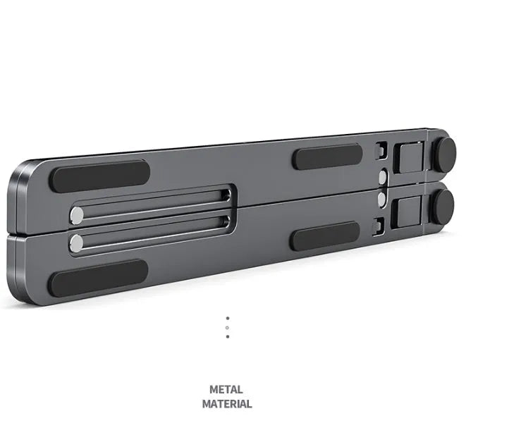 Foldable aluminium laptop stand in silver, shown open for use and folded for storage.