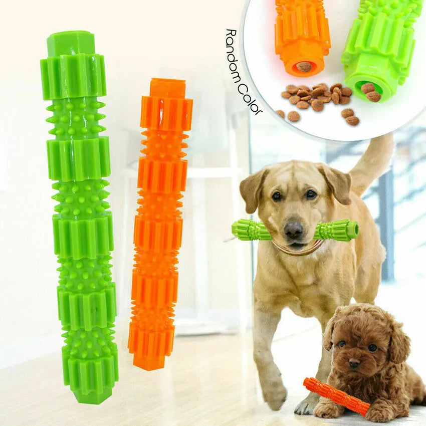Green and orange rubber dog chew toy with treat dispensing design and textured surface